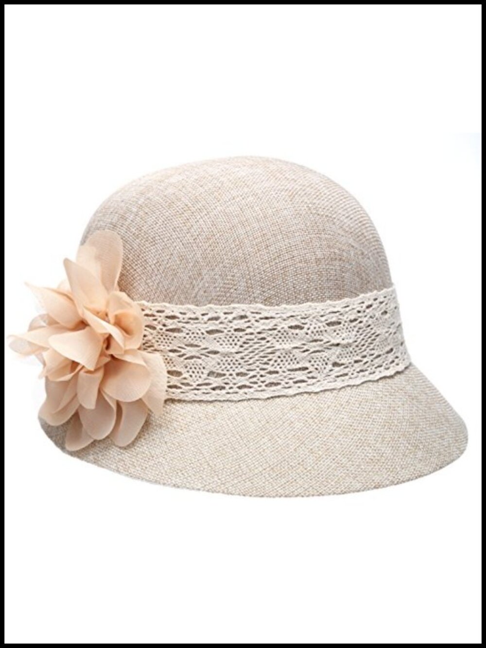 Linen Cotton Cloche Sun Hat with Lace Band and Flower